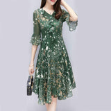 Floral Dress Long V Neck Sundress Evening Ladies Bell Sleeve Party A line Women Chiffon Elegant Summer Fashion