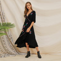 Manufacturer direct sale 2019 Europe and America Summer wear new short sleeve heavy industry embroidered Ruffle splicing Bohemia dress