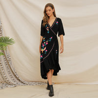 Manufacturer direct sale 2019 Europe and America Summer wear new short sleeve heavy industry embroidered Ruffle splicing Bohemia dress