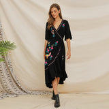 Manufacturer direct sale 2019 Europe and America Summer wear new short sleeve heavy industry embroidered Ruffle splicing Bohemia dress