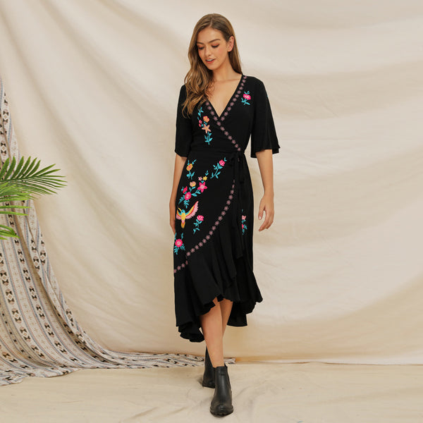 Manufacturer direct sale 2019 Europe and America Summer wear new short sleeve heavy industry embroidered Ruffle splicing Bohemia dress
