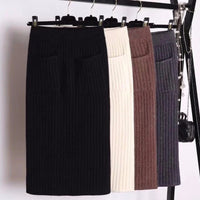 DeRuiLaDy 2019 New Fall Winter Warm Elegant Skirt Elastic Knitted High Waist Pockets Skirts Casual Black Midi Skirt