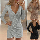 Women Nude Sexy Sequined Bodycon mini dress Women V neck Self Cultivation Dresses Slim Elegant Ladies evening Party Dress#g3 on AliExpress