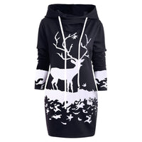 SAGACE Women Christmas Monochrome Reindeer Printed Hooded Drawstring Mini Dress Winter Polyester Princess Dress travel August 22