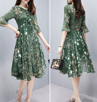 Floral Dress Long V Neck Sundress Evening Ladies Bell Sleeve Party A line Women Chiffon Elegant Summer Fashion