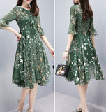 Floral Dress Long V Neck Sundress Evening Ladies Bell Sleeve Party A line Women Chiffon Elegant Summer Fashion