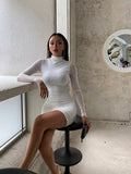 XIBANI Spring Autumn Bodycon Dress Women Long Sleeve High Neck Party Dresses Folded Hip Black White sexy Nightdress 2019 on AliExpress