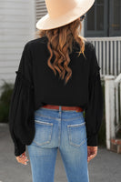 Button Front Bubble Sleeve Frill Trim Blouse