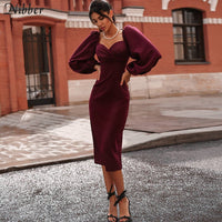 Nibber sexy pure V Neck off shoulder bodycon dress women autumn winter club party night red Elegant midi dress Mujer black dress