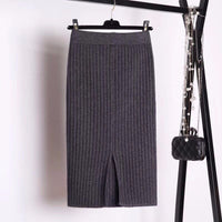 DeRuiLaDy 2019 New Fall Winter Warm Elegant Skirt Elastic Knitted High Waist Pockets Skirts Casual Black Midi Skirt