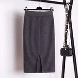 DeRuiLaDy 2019 New Fall Winter Warm Elegant Skirt Elastic Knitted High Waist Pockets Skirts Casual Black Midi Skirt