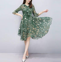 Floral Dress Long V Neck Sundress Evening Ladies Bell Sleeve Party A line Women Chiffon Elegant Summer Fashion