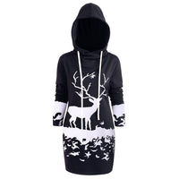 SAGACE Women Christmas Monochrome Reindeer Printed Hooded Drawstring Mini Dress Winter Polyester Princess Dress travel August 22