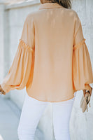 Button Front Bubble Sleeve Frill Trim Blouse