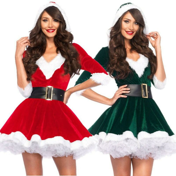 Mode femmes demi manches solide populaire dames père noël Costume de noël Cosplay tenue ceinture fantaisie noël Mini robe on AliExpress