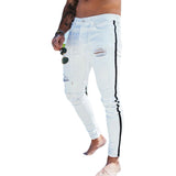 Laamei Trendy Men Skinny Jeans Biker Destroyed Frayed Fit Denim Ripped Denim Pants Side Stripe Pencil Pants Hip Hop Streetwear