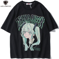 Aolamegs T-shirt Men Green Hair Girl Cartoon Anime Printed O-Neck Streetwear Japanese Harajuku Fashion Tops Men Clothing Summer