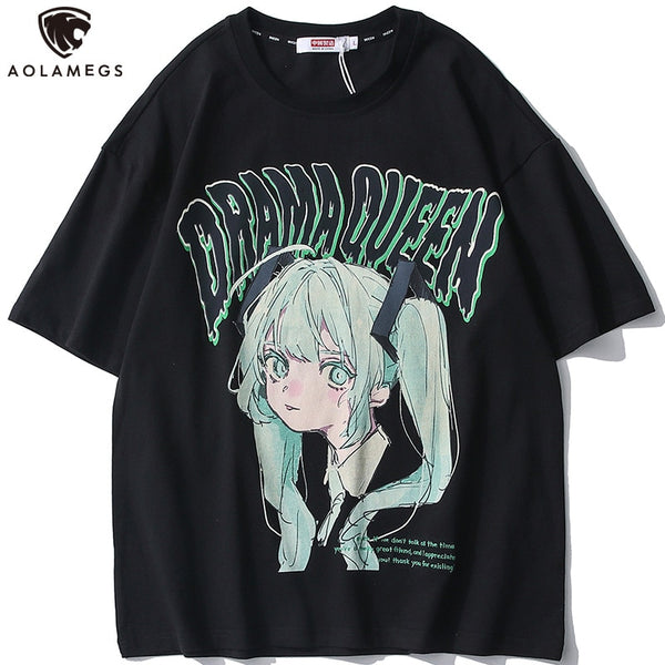 Aolamegs T-shirt Men Green Hair Girl Cartoon Anime Printed O-Neck Streetwear Japanese Harajuku Fashion Tops Men Clothing Summer