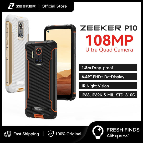 ZEEKER P10 108MP Rugged Phone IP69K Waterproof NFC Smartphone 6.49" FHD+ DotDisplay 6000mAh IR Night Vision Quad Camera