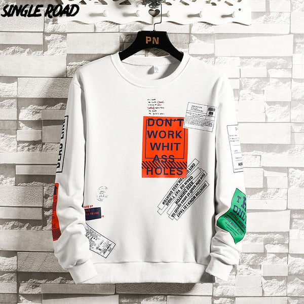 SingleRoad Oversized Crewneck Sweatshirt Men Spring Patchwork Hip Hop Japanese Streetwear White Hoodie Men Sweatshirts Male