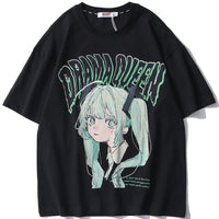 Aolamegs T-shirt Men Green Hair Girl Cartoon Anime Printed O-Neck Streetwear Japanese Harajuku Fashion Tops Men Clothing Summer