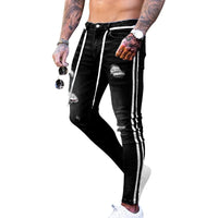 Laamei Trendy Men Skinny Jeans Biker Destroyed Frayed Fit Denim Ripped Denim Pants Side Stripe Pencil Pants Hip Hop Streetwear