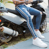 Laamei Trendy Men Skinny Jeans Biker Destroyed Frayed Fit Denim Ripped Denim Pants Side Stripe Pencil Pants Hip Hop Streetwear