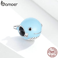 bamoer Real 925 Sterling Silver Blue Enamel Whale Beads Protect Ocean Animal Metal Charm fit Original Silver Bracelet BSC250