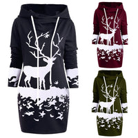 SAGACE Women Christmas Monochrome Reindeer Printed Hooded Drawstring Mini Dress Winter Polyester Princess Dress travel August 22