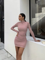 XIBANI Spring Autumn Bodycon Dress Women Long Sleeve High Neck Party Dresses Folded Hip Black White sexy Nightdress 2019 on AliExpress