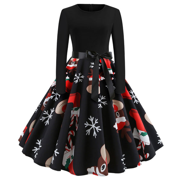 Women Dress Winter Christmas Dresses Women O neck Vintage Robe Elegant Party Dress Long Sleeve Casual Plus Size Print Black #L10 on AliExpress