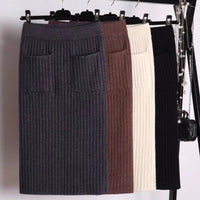 DeRuiLaDy 2019 New Fall Winter Warm Elegant Skirt Elastic Knitted High Waist Pockets Skirts Casual Black Midi Skirt