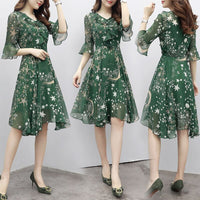Floral Dress Long V Neck Sundress Evening Ladies Bell Sleeve Party A line Women Chiffon Elegant Summer Fashion