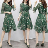 Floral Dress Long V Neck Sundress Evening Ladies Bell Sleeve Party A line Women Chiffon Elegant Summer Fashion