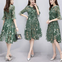 Floral Dress Long V Neck Sundress Evening Ladies Bell Sleeve Party A line Women Chiffon Elegant Summer Fashion