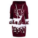 SAGACE Women Christmas Monochrome Reindeer Printed Hooded Drawstring Mini Dress Winter Polyester Princess Dress travel August 22