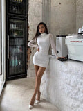 XIBANI Spring Autumn Bodycon Dress Women Long Sleeve High Neck Party Dresses Folded Hip Black White sexy Nightdress 2019 on AliExpress