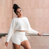 Women Soft Fluffy 2 Piece Set O Neck Long Sleeve Crop Top High Waist Skinny Shorts Autumn Winter Casual Matching Outfits Set