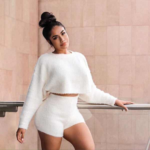 Women Soft Fluffy 2 Piece Set O Neck Long Sleeve Crop Top High Waist Skinny Shorts Autumn Winter Casual Matching Outfits Set