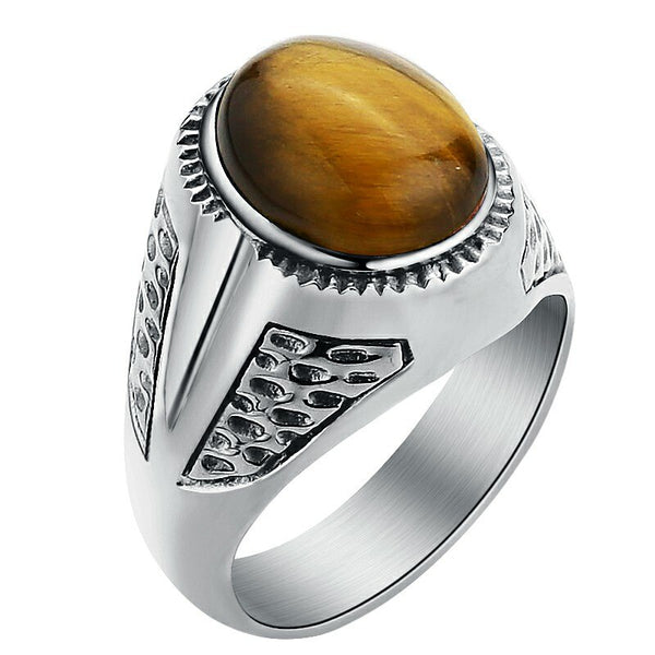 Valily Jewelry Men&#39;s Simple Tiger Eye Ring Stainless steel Oval Stone Band Golden Ring For Women Weeding Party Jewelry for Men