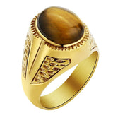Valily Jewelry Men&#39;s Simple Tiger Eye Ring Stainless steel Oval Stone Band Golden Ring For Women Weeding Party Jewelry for Men