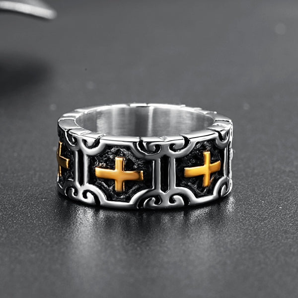Valily Classic Retro Christian Jesus Cross Ring Stainless Steel Christian Believers Punk Rock Men&#39;s Round Rings Band Jewelry