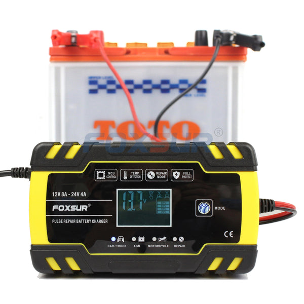 FOXSUR 12V 24V 8A Automatic Smart Battery Charger, 3-stage smart Battery Charger, Car Battery Charger for GEL WET AGM Battery