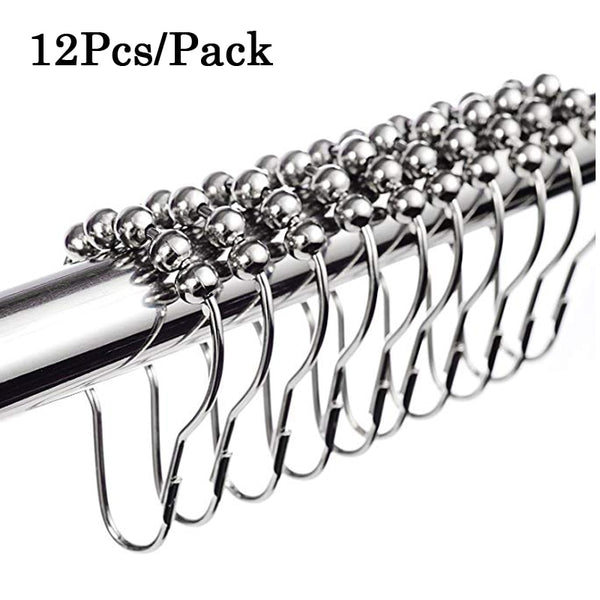 12 pcs Stainless Steel Curtain Hooks Bath Curtain Rollerball Shower Curtain Rings Hooks 5 Rollers Polished Satin Nickel Ball 35