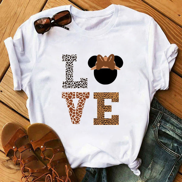 Maycaur Fashion Leopard Print Love T-shirts Mouse Female Shirt Casual White Women Tshirts Harajuku T Shirt Femme Tops Tees