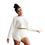 Women Soft Fluffy 2 Piece Set O Neck Long Sleeve Crop Top High Waist Skinny Shorts Autumn Winter Casual Matching Outfits Set