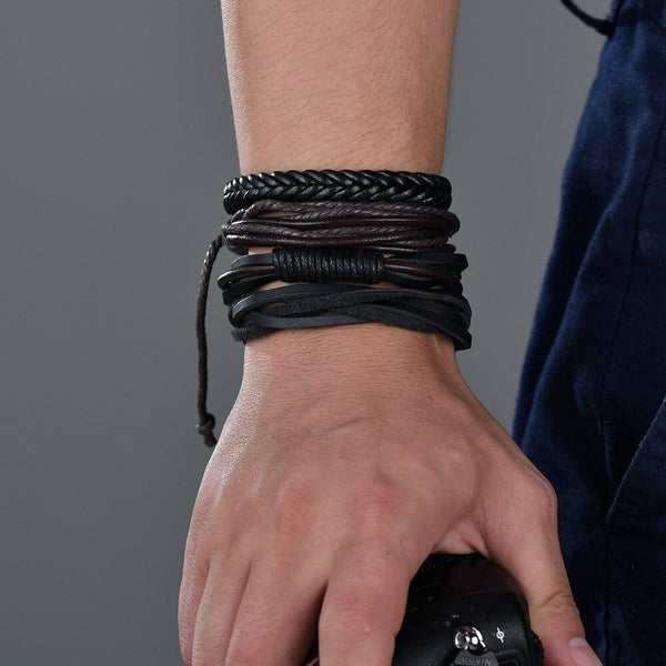Vintage Handmade Feather Multilayer Leather Bracelet Sets Men Fashion Braiding Coffee Rope Wrap Bracelets &amp; Bangles Male Gift