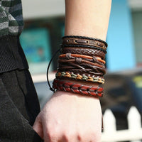 Vintage Handmade Feather Multilayer Leather Bracelet Sets Men Fashion Braiding Coffee Rope Wrap Bracelets &amp; Bangles Male Gift