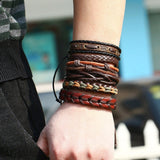 Vintage Handmade Feather Multilayer Leather Bracelet Sets Men Fashion Braiding Coffee Rope Wrap Bracelets &amp; Bangles Male Gift