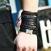 Vintage Handmade Feather Multilayer Leather Bracelet Sets Men Fashion Braiding Coffee Rope Wrap Bracelets &amp; Bangles Male Gift